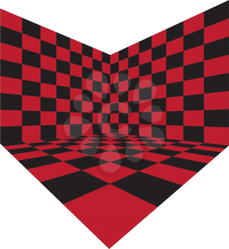 Illustration of abstract red checkered room with floor and walls.