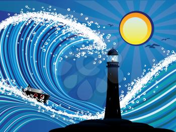 Sailboat and lighthouse in the blue stylized stormy sea.