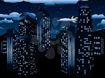 Urban background, skyscrapers in the night city illustration.