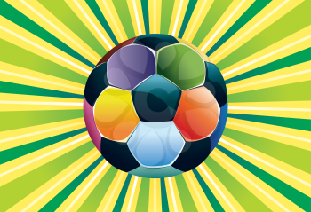 Soccer of football ball on background with green and yellow rays.