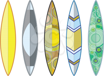 Collection of colorful surfboard designs on white background.