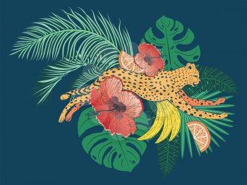 Running cheetah with tropical fruits and leaves design.