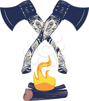 Grunge design of two crossed axes and campfire, retro style illustration.