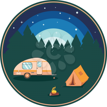 Forest near big mountain over night sky, summer camping themed illustration. 
