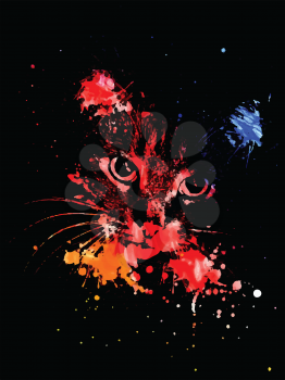 Abstract grunge portrait of a cat with ink splatters on black background.