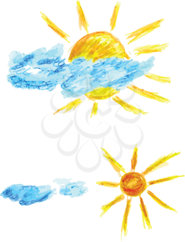 Stylized hand drawn illustration of the sun with clouds.