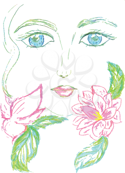 Abstract stylized female face, hand drawn illustration.