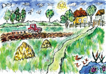 Simple watercolor painted sketch of countryside landscape.