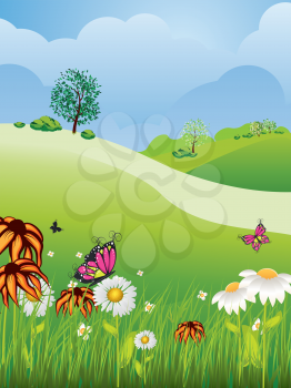 Cartoon nature summer or spring landscape, with fields, trees, grass and flowers.