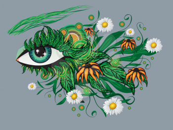 Female eye with green leaves and colorful flowers, floral make up.