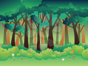 Cartoon summer forest landscape with green shrubs, trees and grass.