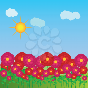 Illustration of pink and red roses against blue summer sky.