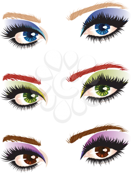 Set of female eyes of different colors with makeup.
