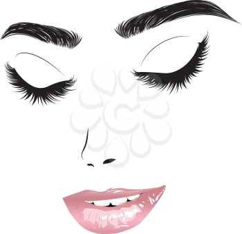 Smiling woman face, closed eyes with long eyelashes, bright pink lips illustration.