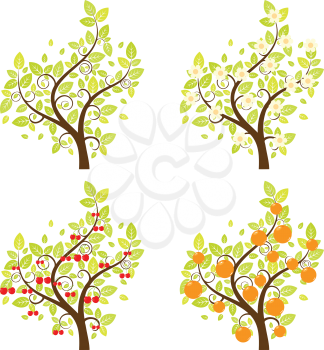 Set of cartoon stylized orange and cherry trees.