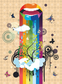 Paint dripping lips, surreal tree in clouds with butterflies, abstract background.