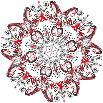 Decorative round ornament made of black and red floral elements.