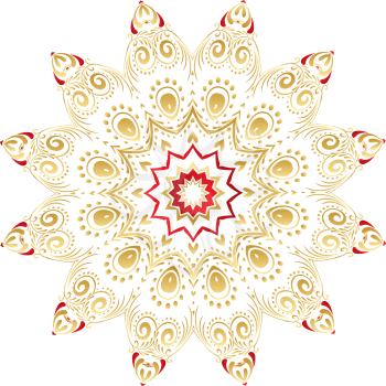 Decorative round ornament made of gold and red floral elements.