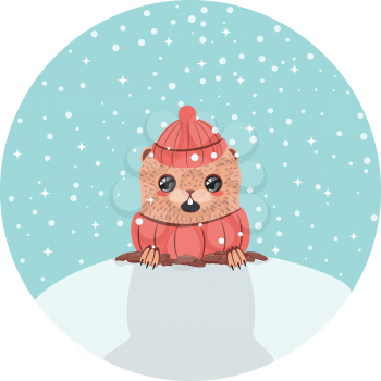 Cartoon kawaii animal, groundhog day greeting illustration.