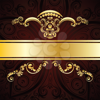 Vintage red background with decorative gold ribbon and floral ornament.
