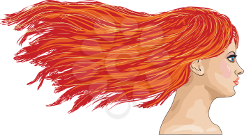 Illustration of side-view portrait of girl with long red hair.