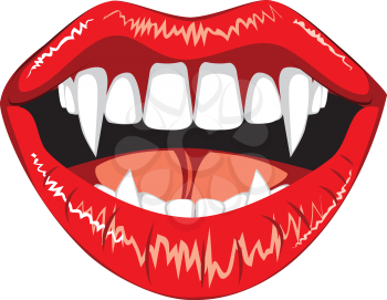 Red smiling vampire lips with fangs on white background.