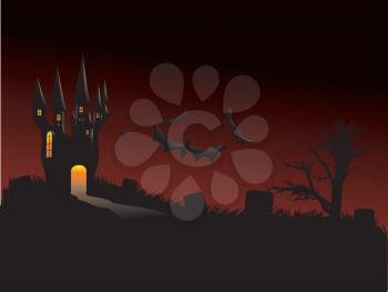 Illustration of halloween castle silhouettes with bats background.