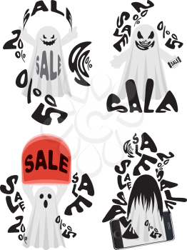 Cute white Halloween ghosts with scary faces, spooky sale design.