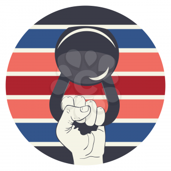 Human hand holding kettlebell, sports themed retro illustration.