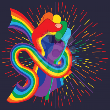 Raised clenched fist with ribbon in rainbow colors, fight for lgbt rights concept, retro design background.

