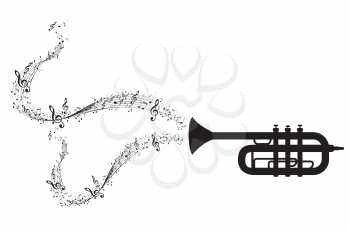 Abstract trumpet silhouette and music notes illustration.