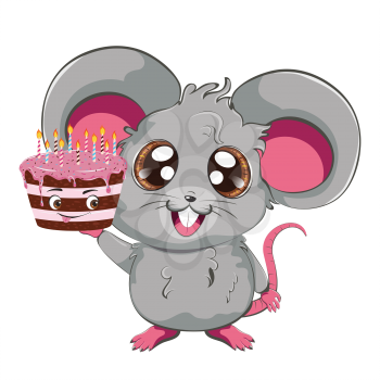Cartoon kawaii anime grey mouse or rat with chocolate cake design.