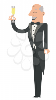 Cartoon man in tuxedo with glass of champagne illustration.