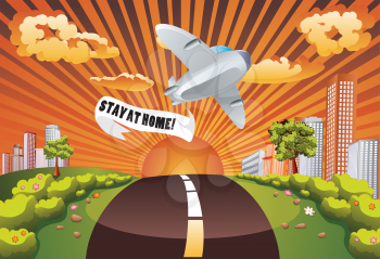 Retro airplane with stay at home banner in the sky flying over town background.