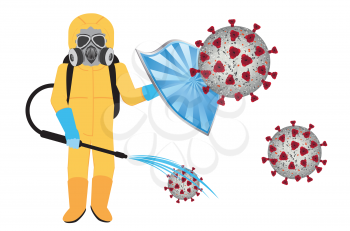Worker in a personal yellow protective suit sprays disinfectant design.