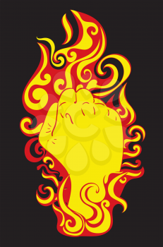 Abstract fist raised up inside of burning flame illustration.