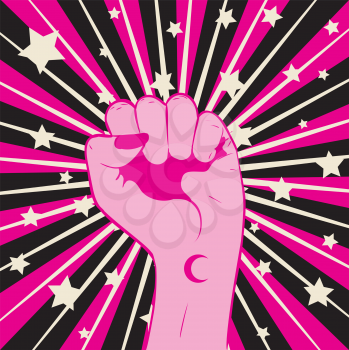 Abstract pink female fist raised up, retro style illustration.