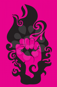 Abstract pink female fist raised up, retro style illustration.