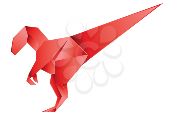 Abstract origami velociraptor, red paper folding dinosaur design.