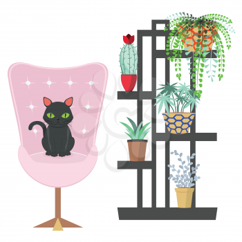 Simple room design with black cat, art chair and house plants illustration.