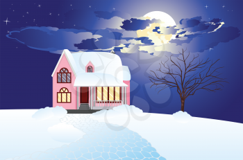 Cold winter rural landscape with cottage illustration.