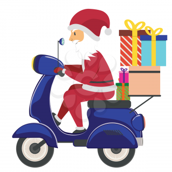 Cartoon Santa Claus riding scooter with gift boxes.