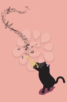 Cute cartoon black cat playing trumpet illustration.