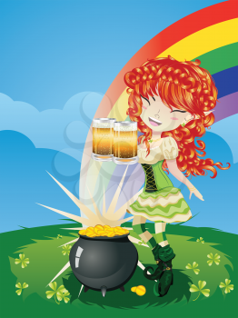 Pretty leprechaun girl on grass field, St. Patrick's Day illustration.