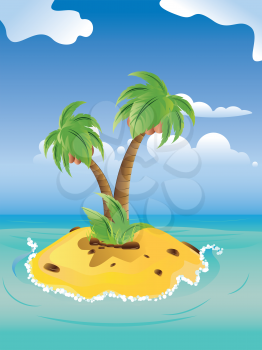 Small island with two palm trees and yellow sand in the ocean.