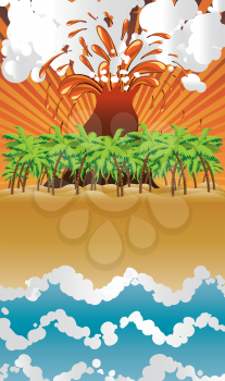 Cartoon tropical beach with palm trees,  blue waves and volcano.