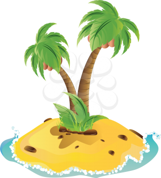 Small island with two palm trees and yellow sand.
