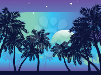 Tropical landscape with palm trees at night.