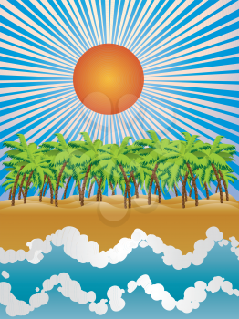 Cartoon tropical beach with palm trees and blue waves. 
