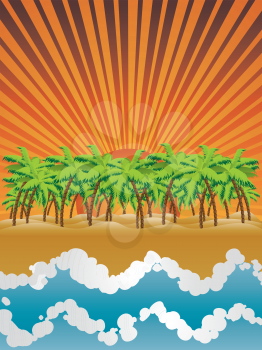 Cartoon tropical island with palm trees and waves on sunset.